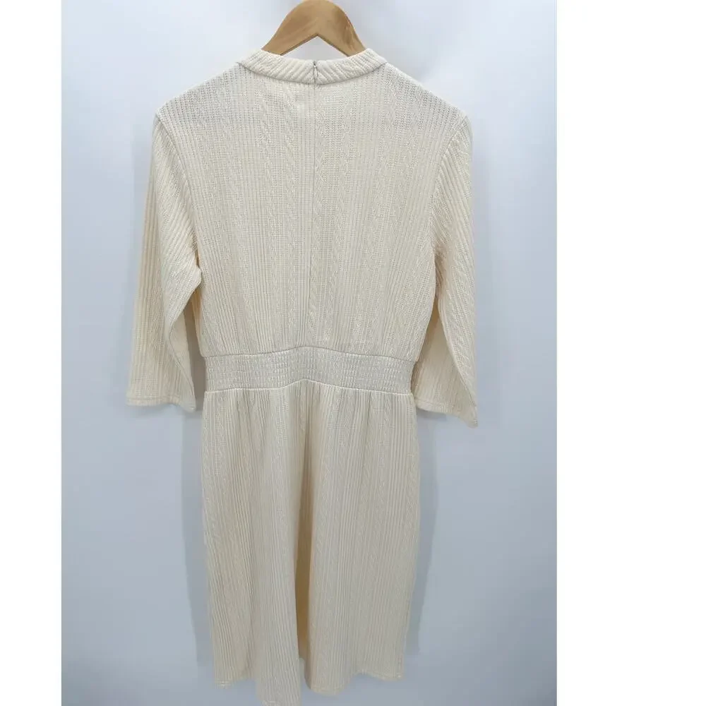 Roolee Dress Women MEDIUM Yellow Cream Knit Long Sleeve Patch Pocket Modest Midi